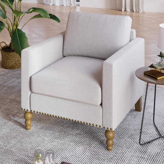 Marlow-Upholstered-Accent-Armchair-with-Square-Arms-and-Bronze-Nailhead-Trim,-Beige-Accent-Chairs