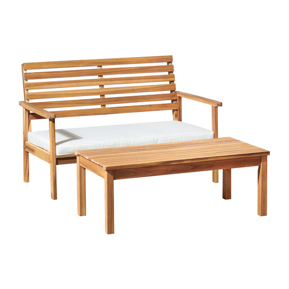 Natural Orwell Outdoor Acacia Wood Bench with Cushion and 15" Cocktail Table, Set of 2