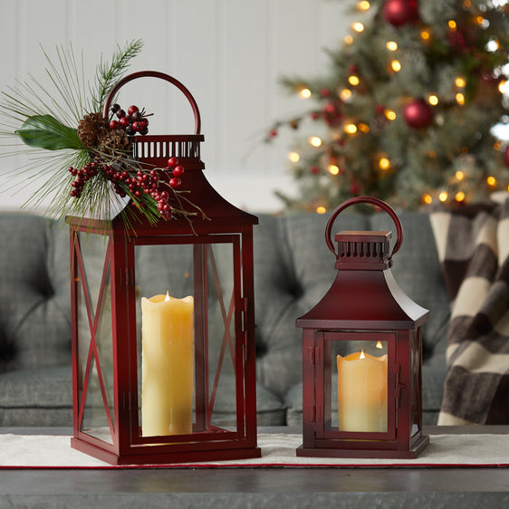 Rustic-Red-Metal-Lantern,-Set-of-2-Lanterns