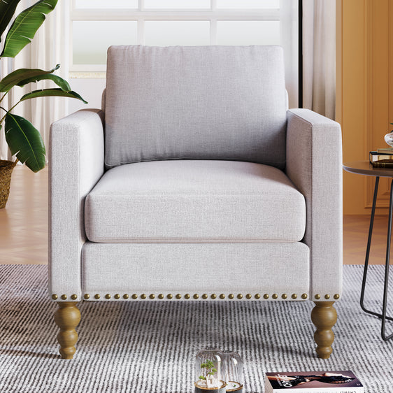 Marlow Upholstered Accent Armchair with Square Arms and Bronze Nailhead Trim, Beige