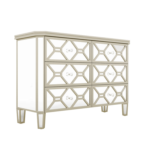 Elegant Mirrored 6 Drawer Dresser with Golden Lines