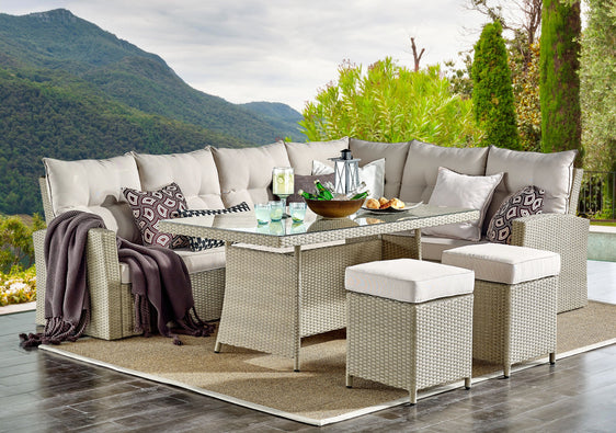 Cream Canaan All-weather Wicker Outdoor Deep-seat Dining Sectional Set with Sofa, Loveseat, 26" Cocktail Table and Two Stools