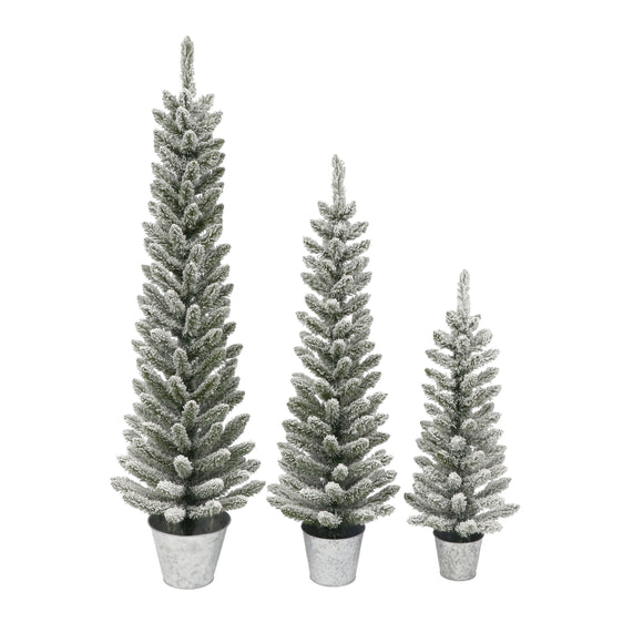 Set of 3 Potted Flocked Pencil Trees in Decorative Galvanized Metal Pots