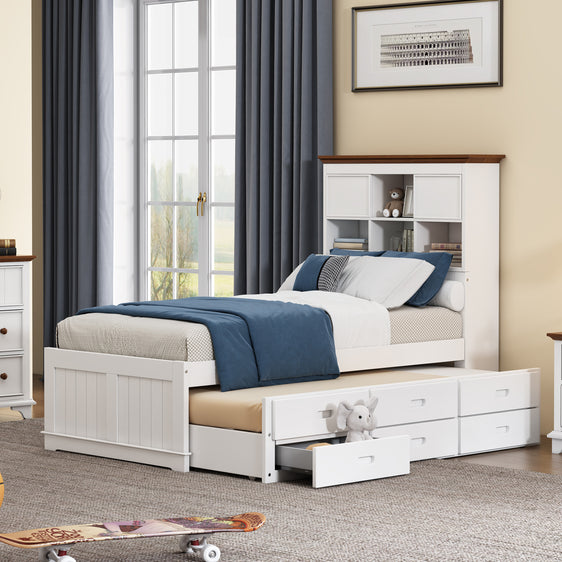 Cole-Captain-Bookcase-Bed-with-Trundle,-3-Drawers,-White-and-Walnut-Trundle-Beds