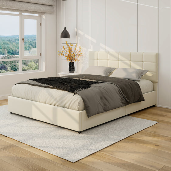 Vera Queen Size Ivory Velvet Upholstered Platform Bed